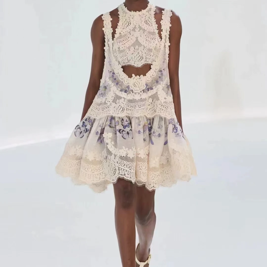 ZIM走秀蕾丝拼接迷你连衣裙公主女士白色百搭春夏设计师提花时尚