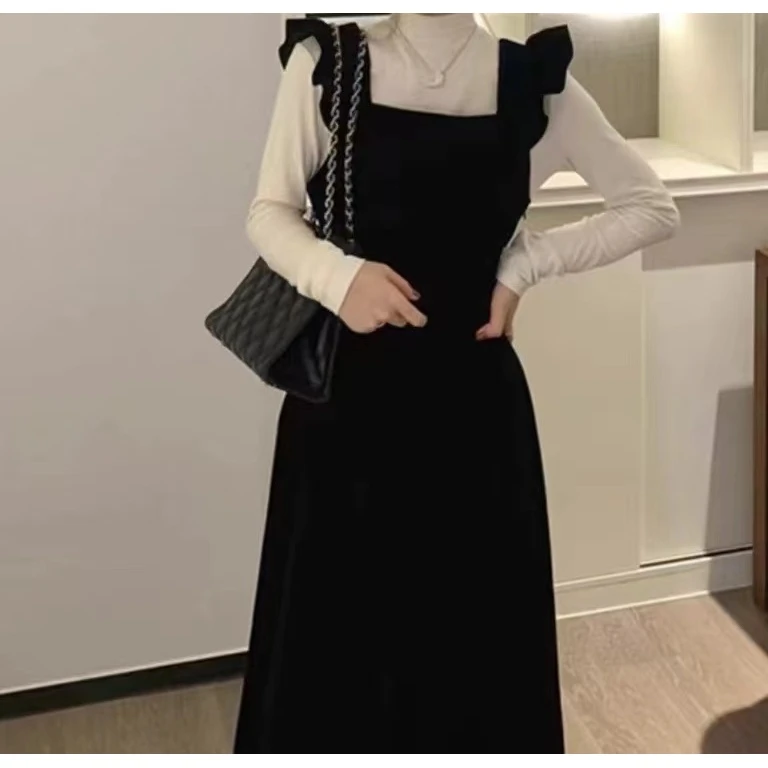 （晴天）大码法式气质飞飞袖背带丝绒连衣裙两件套1443