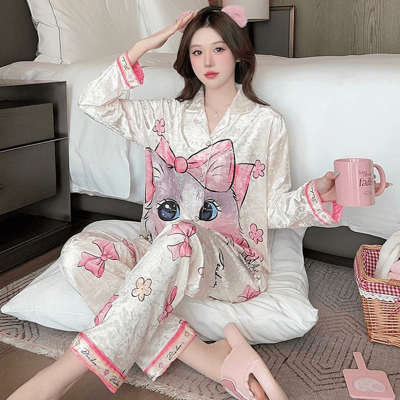 睡衣女春秋金钻绒长袖套装秋冬减龄款金丝绒女款爆款2024新款睡衣