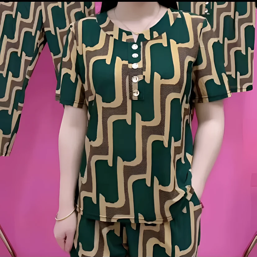 2025夏季新品方块拼色显瘦百搭洋气中老年宽松大码妈妈装套装