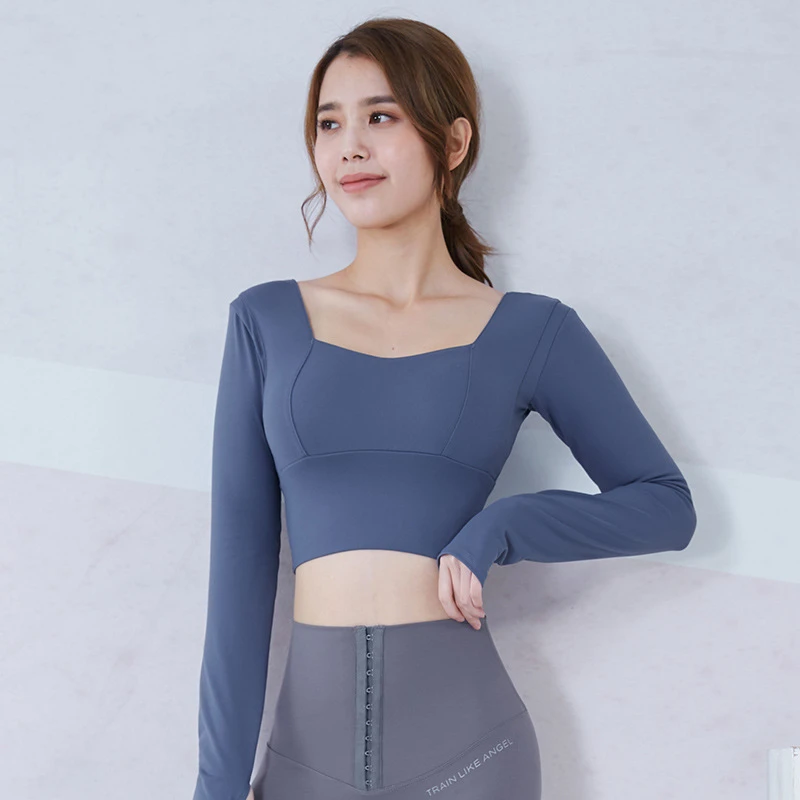 带胸垫方领瑜伽服女长袖T恤紧身弹力运动上衣跑步短款露脐健身衣
