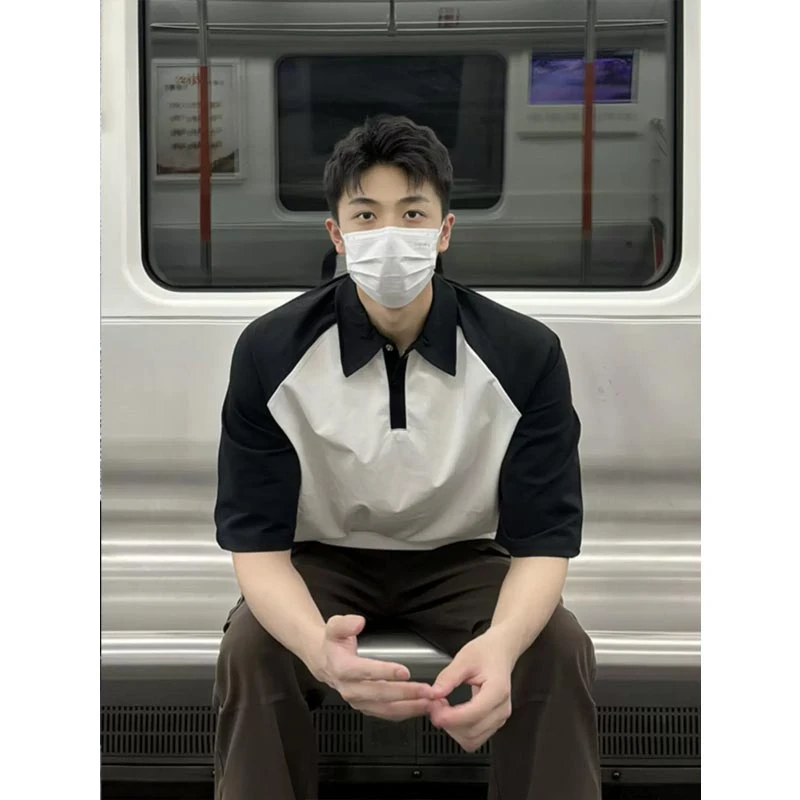 黑白撞色polo衬衫男生夏季痞帅炸街短袖潮牌领美式插肩袖t恤半袖