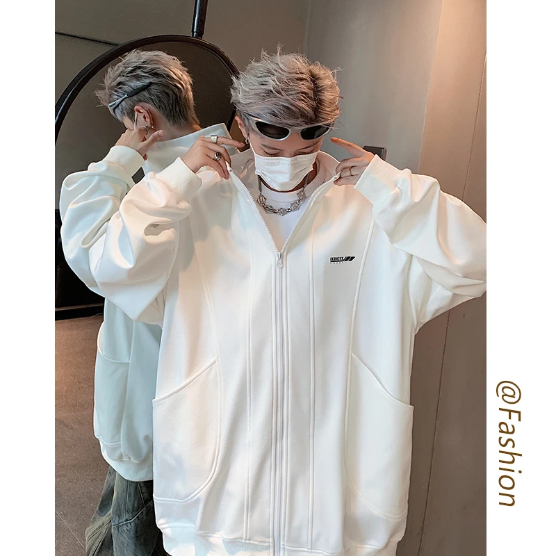 白色开衫卫衣男秋装新款潮牌学院风宽松休闲上衣美式重磅vibe外套