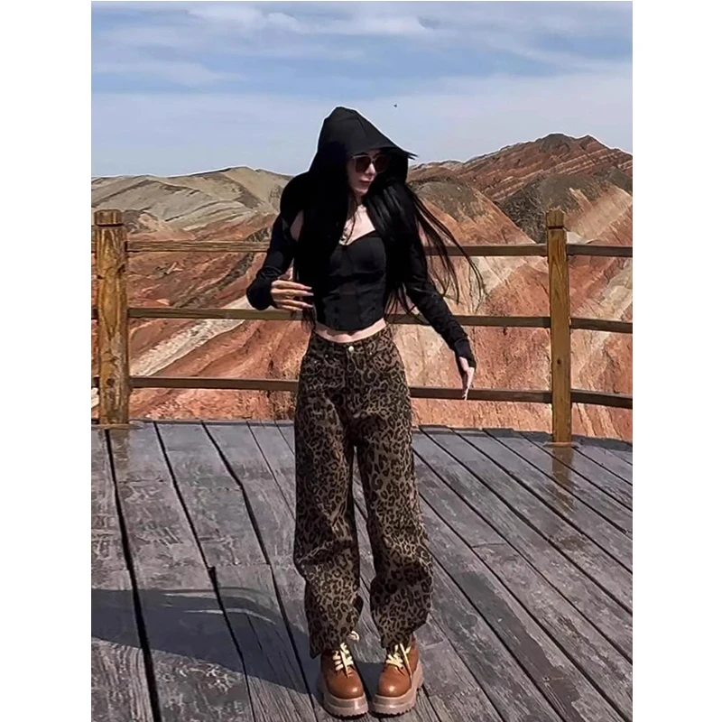 豹纹牛仔裤男女夏季美式复古高街潮牌小众阔腿裤宽松垂感休闲长裤