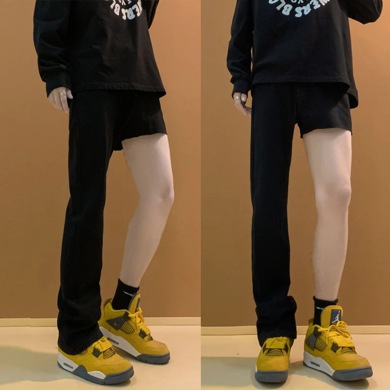 显瘦微胖黑色牛仔裤男款秋季美式高街微喇裤修身弹力直筒弯刀裤子