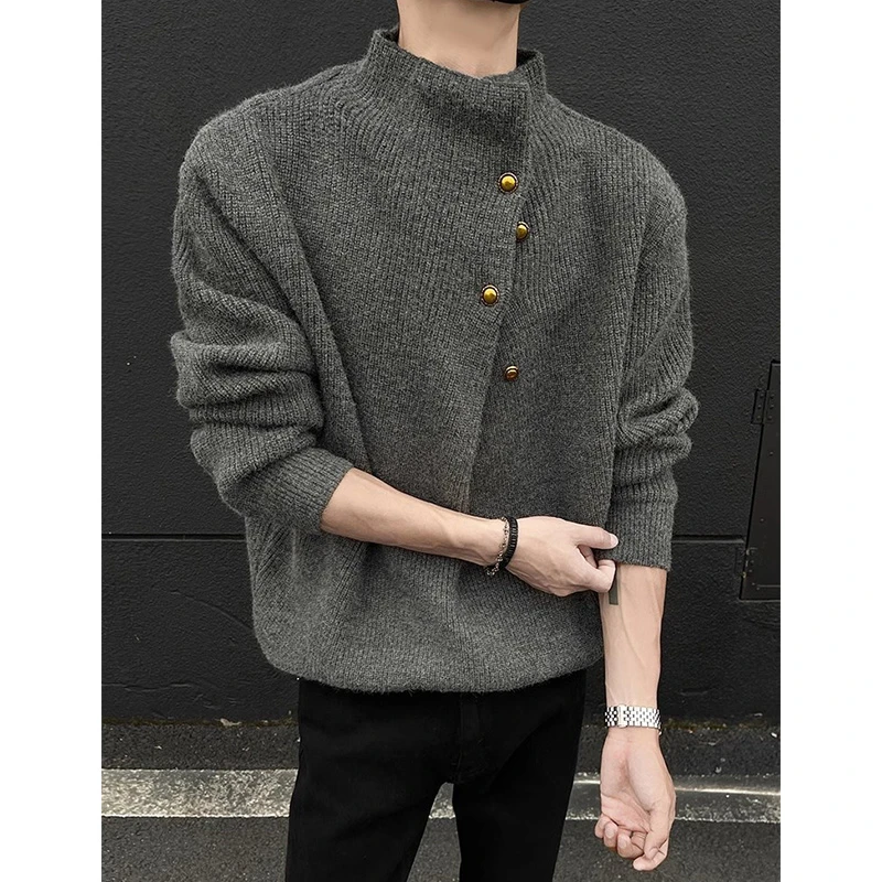 斜襟纽扣高领毛衣男秋冬美式复古针织衫重磅慵懒高级cleanfit外套