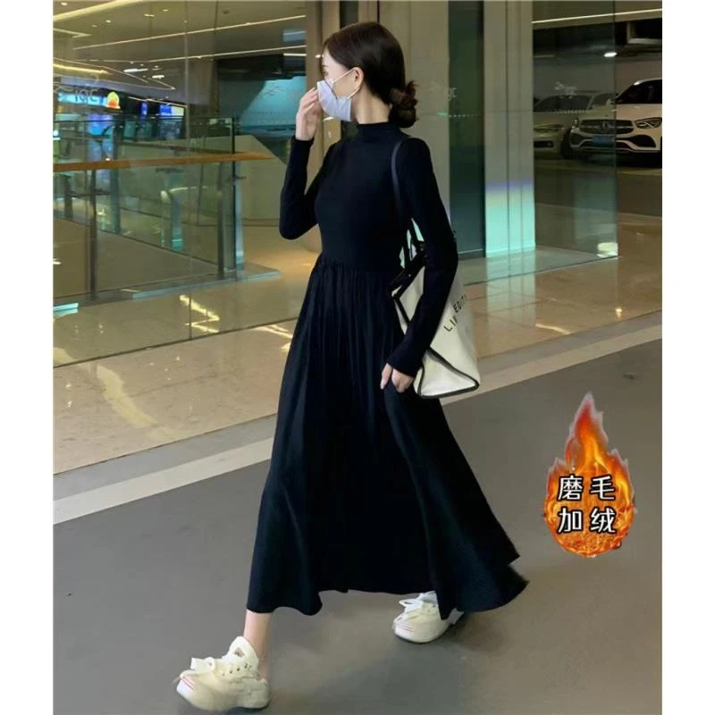（现货）赫本风半高领长袖连衣裙收腰显瘦中长款A字大摆裙1417