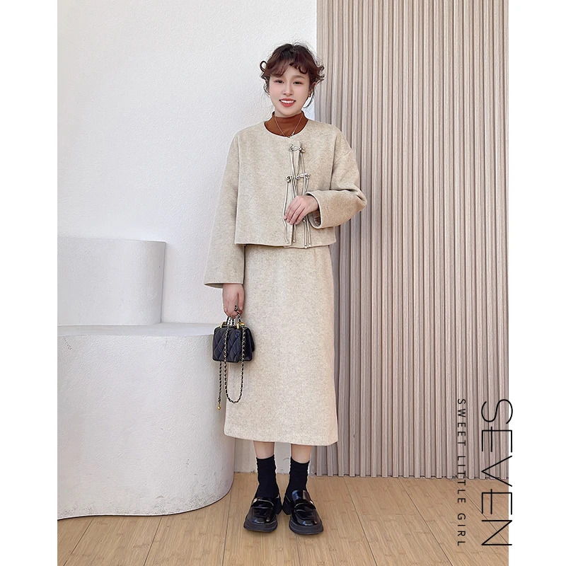 七七146小个子流苏盘扣毛呢外套女冬裙套装时尚中国风气质两件套
