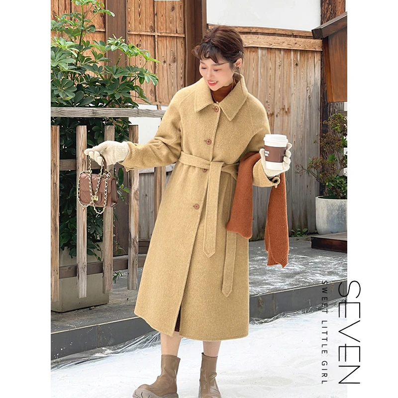 七七146小个子双面羊毛大衣女中长款秋冬季系带收腰气质毛呢外套