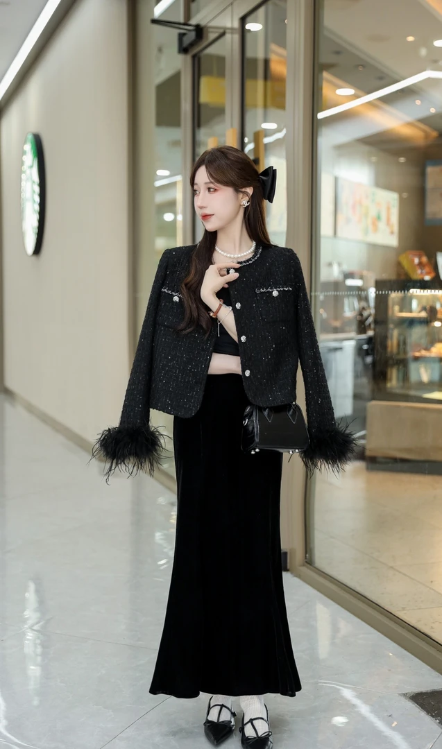 小香风拼接流苏外套女2024冬季新款洋气名媛上衣