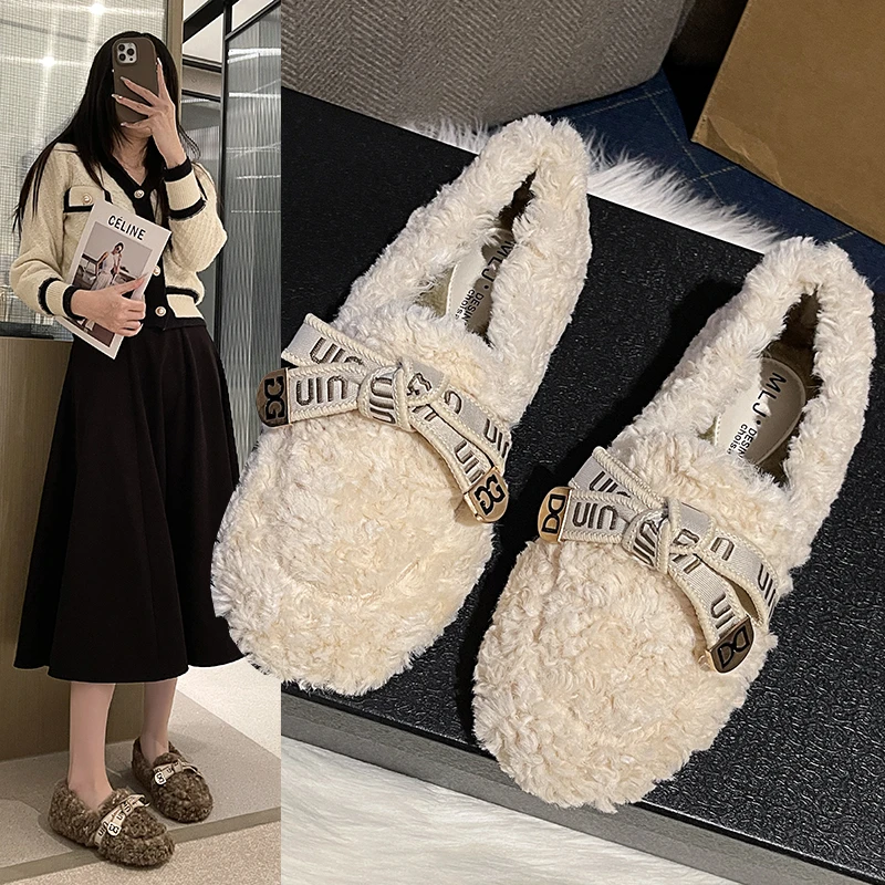 毛绒单鞋女2023秋冬新款一脚蹬豆豆鞋孕妇鞋蝴蝶结毛毛鞋外穿