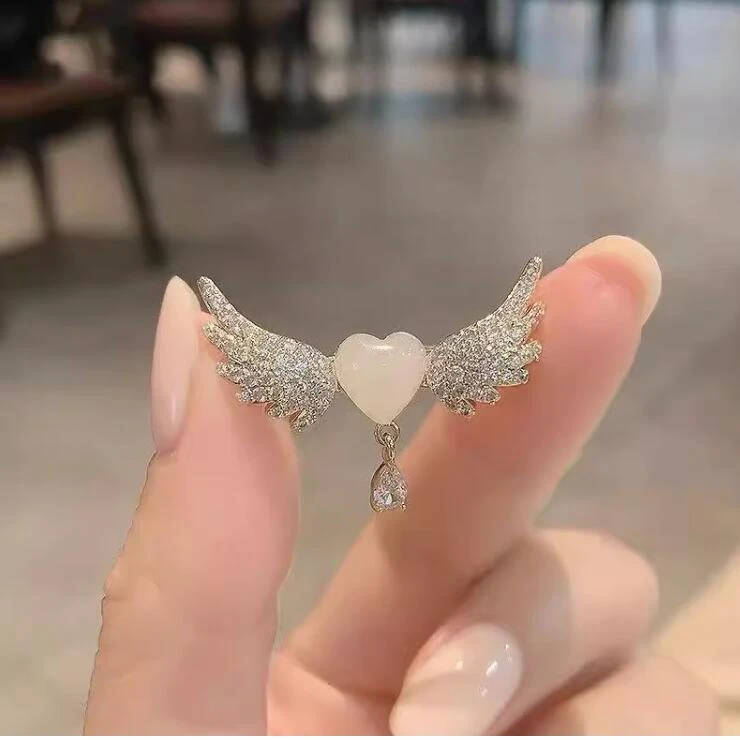 合金玻璃胸针 爱心天使之翼流苏胸针高档女精致固定衣服胸花别针