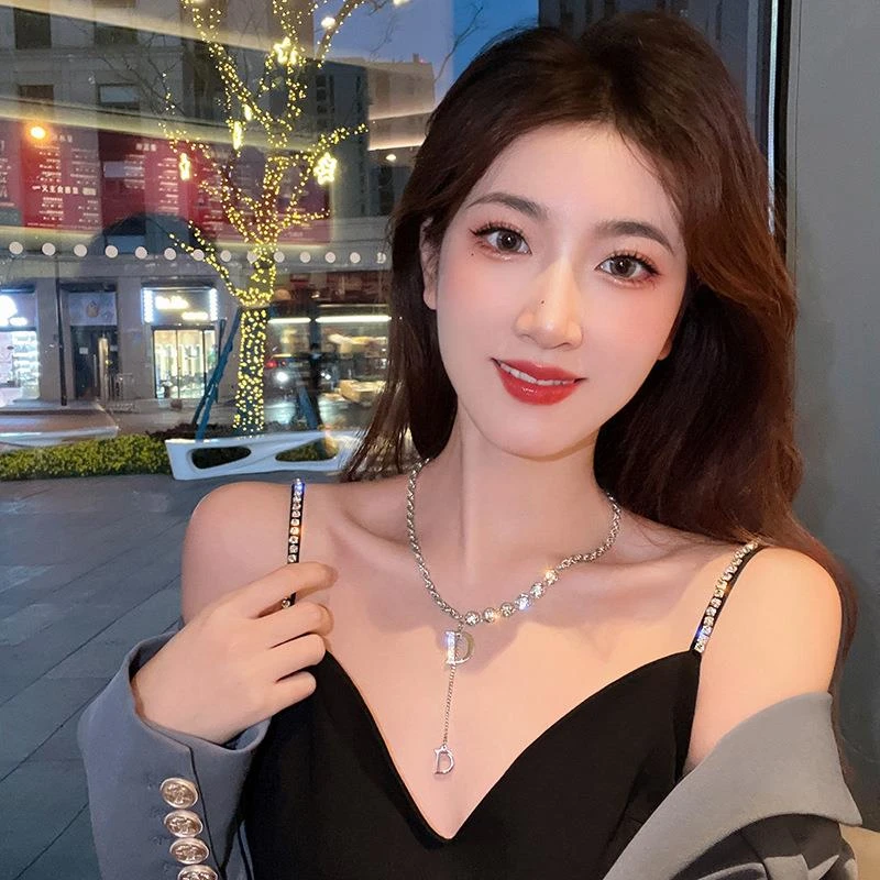 钛钢项链 钛钢不掉色锆石字母D装饰项链轻奢女ins冷淡风高级感锁