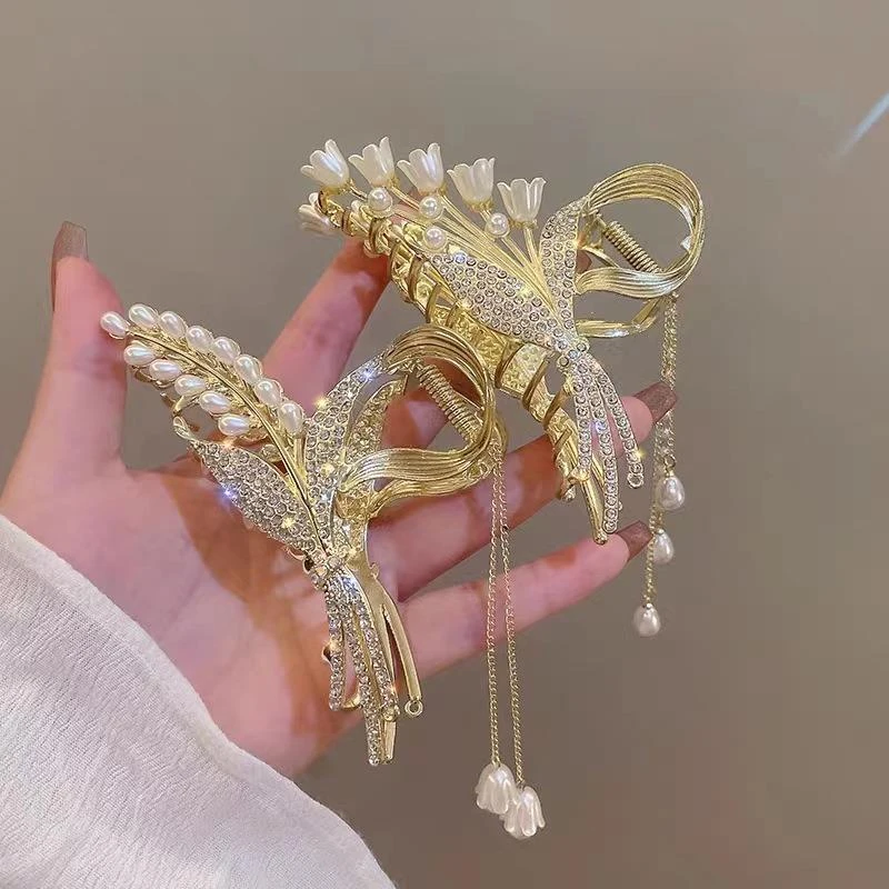 新款铃兰花麦穗流苏发夹后脑勺气质水钻抓夹女高级感鲨鱼夹头饰批