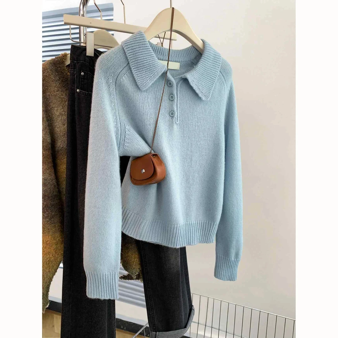 蓝色翻领套头打底毛衣女秋冬2024新款慵懒内搭毛针织衫上衣加厚