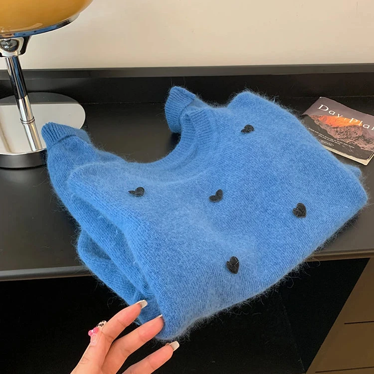 圆领宽松复古套头外穿毛衣女士秋冬内搭打底针织衫克莱因蓝色上衣