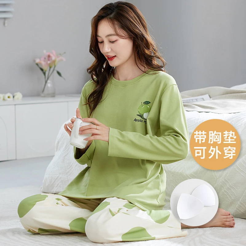 可外穿免穿文胸罩带胸垫睡衣女士春秋款长袖秋冬季新款家居服套装