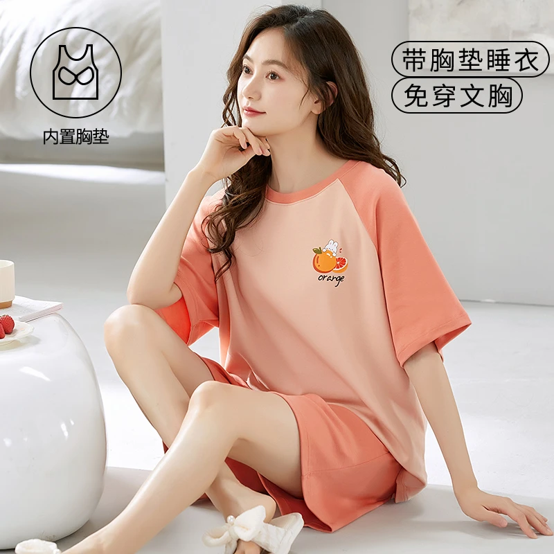 带胸垫睡衣女士春秋冬夏季短袖套装新薄款家居服可爱可外出门穿款