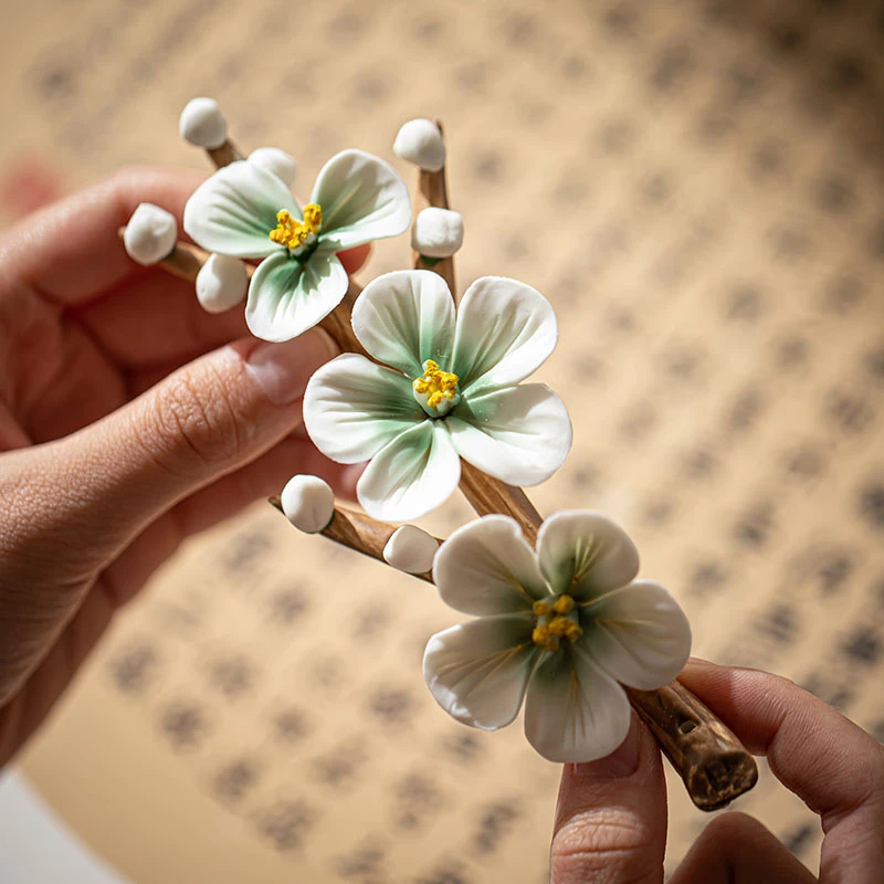 手工捏花陶瓷梅花禅意茶搁置笔架中式茶枕线香插创意手捏茶道摆件