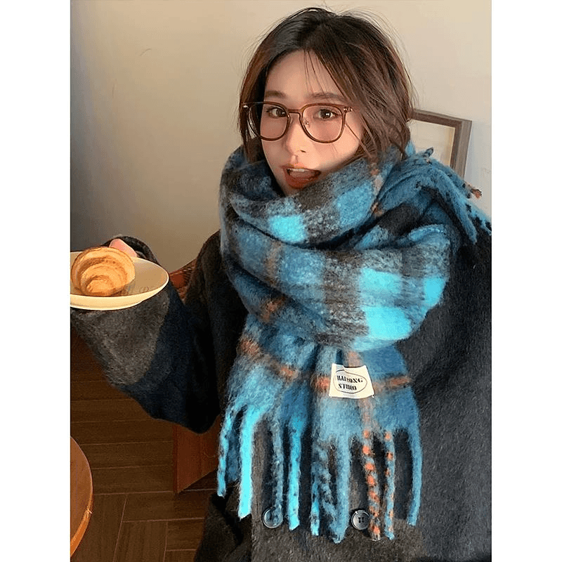 清冷海冰蓝！马海毛格子加厚围巾女冬保暖羊毛氛围感学生礼物围脖