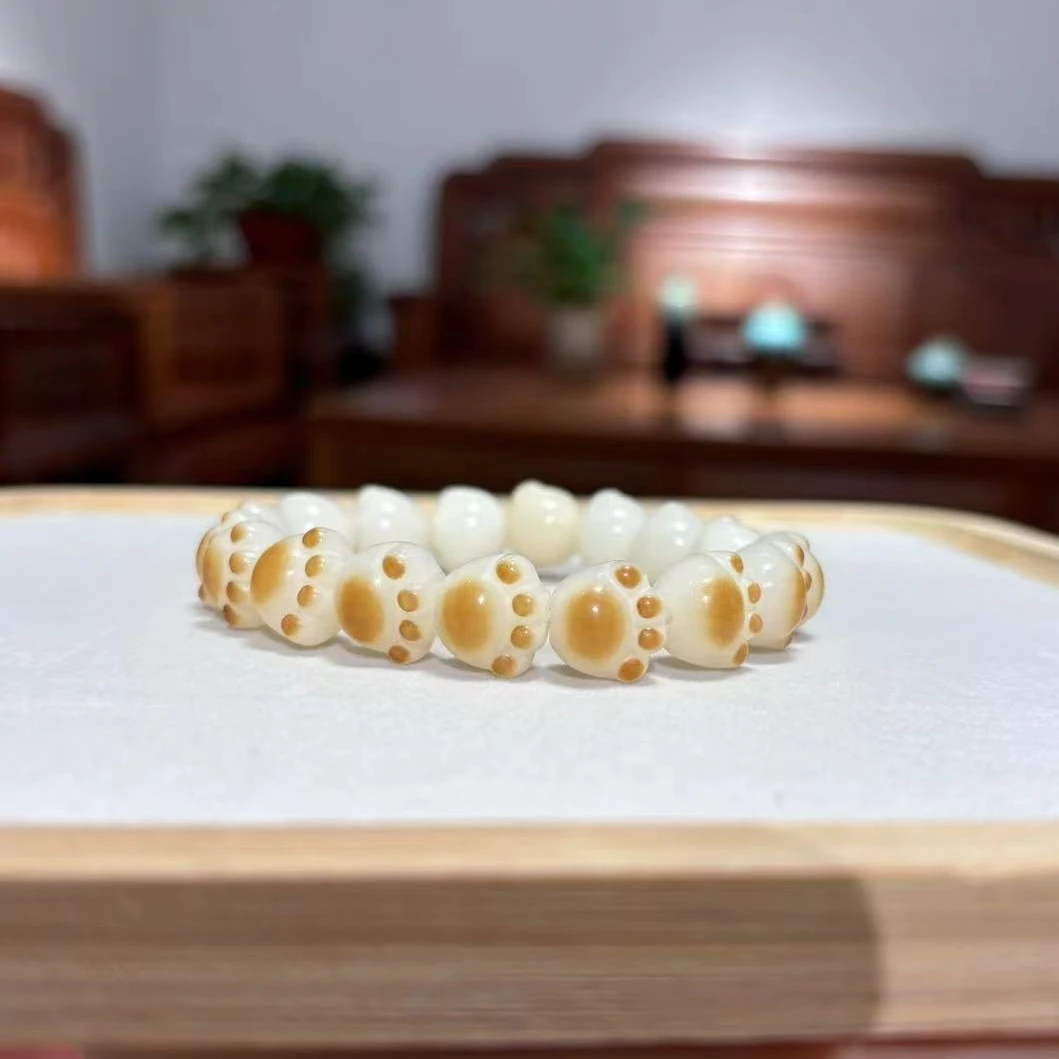 炭烤猫爪单圈手串手链白玉菩提根猫咪天然碳烤可爱精致文玩绕指柔