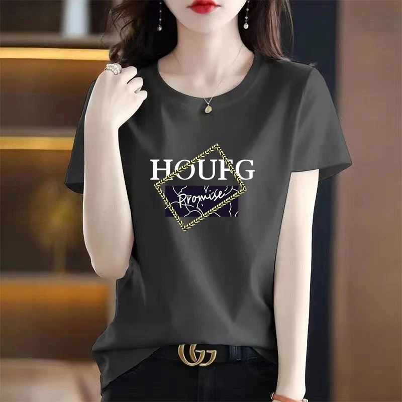冰瓷棉2023夏季短袖t恤女正肩显瘦设计感小众印花穿搭减龄上衣女