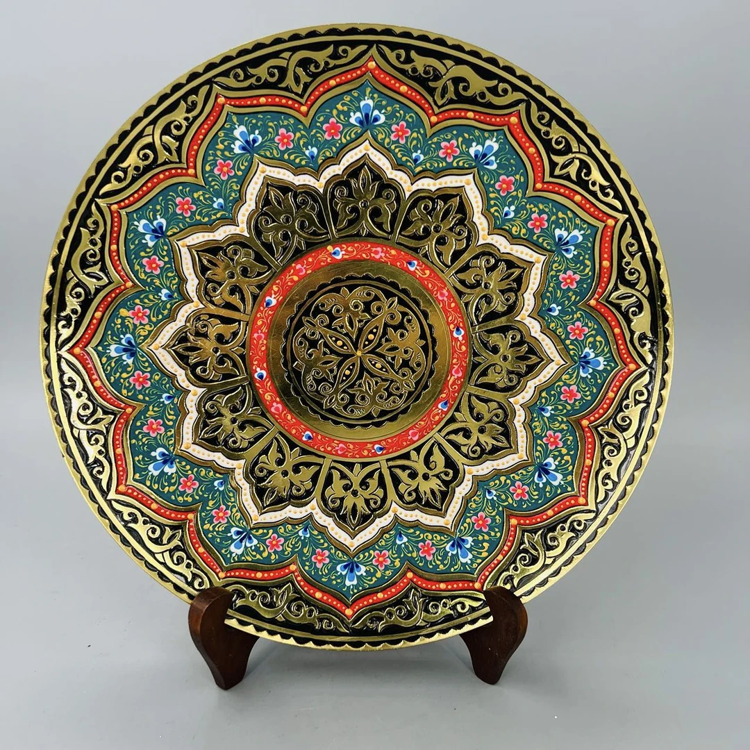乌兹别克斯坦纯手工精美陶瓷黄铜盘子直径30厘米锯齿款工艺品大盘