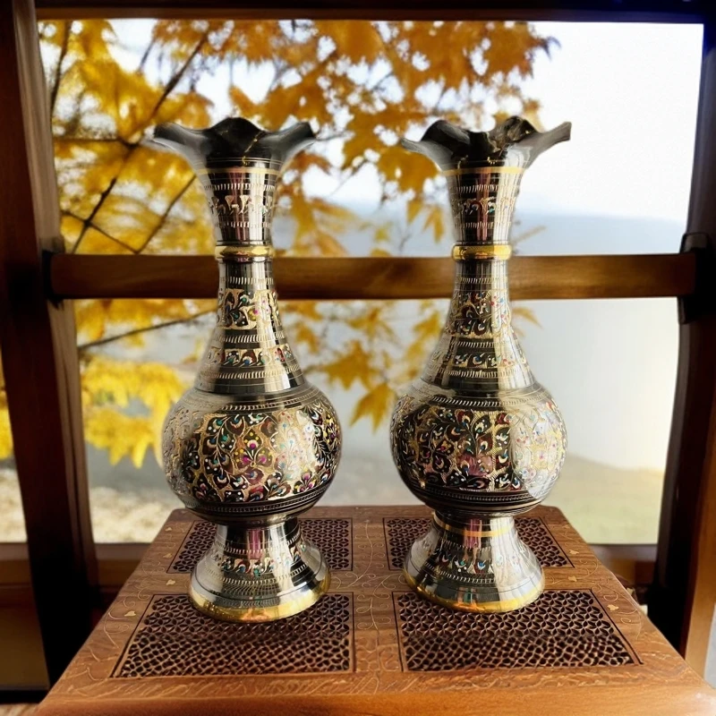 手工创意纯黄铜大肚子古典复古花瓶一对高度40厘米