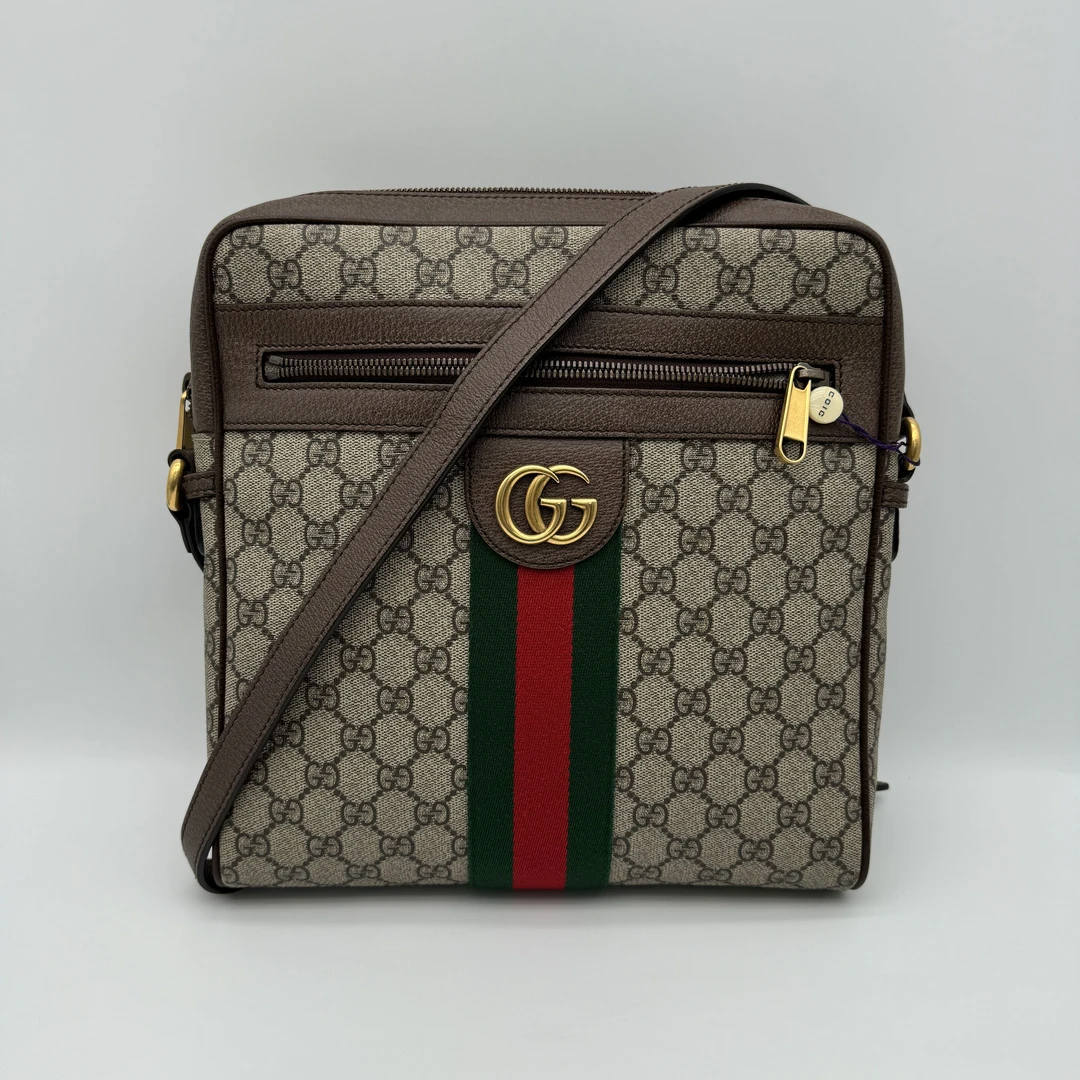 95新 GUCCI/古驰 98新双G红绿拼条斜挎包/男士经典单肩/小号1118