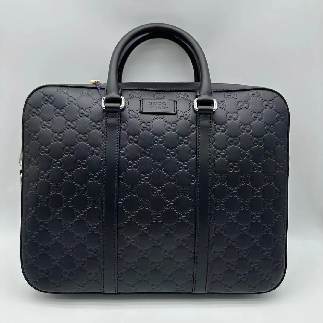 99新 GUCCI/古驰 98新黑压花全皮手提公文包/经典1621商务男士