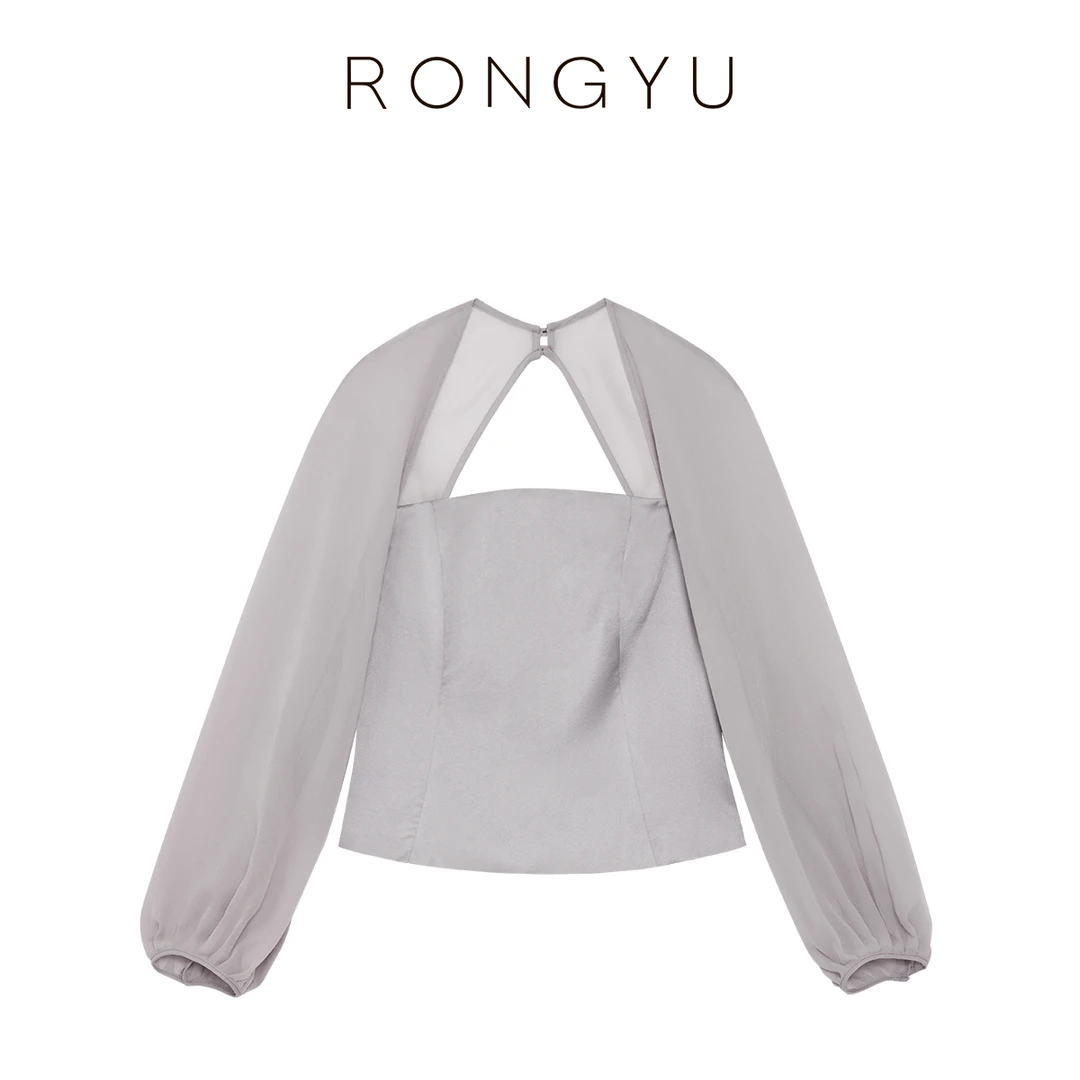 RONGYU绒郁女装推荐优雅天鹅颈后背方领拼纱灯笼袖显瘦上衣