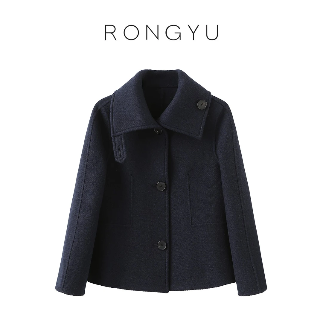 RONGYU女装推荐 百搭翻领中性风100%羊毛短款大衣外套