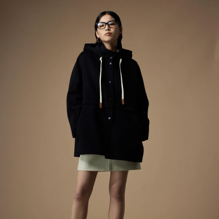 RONGYU绒郁羊绒混纺连帽运动手工双面呢派克大衣