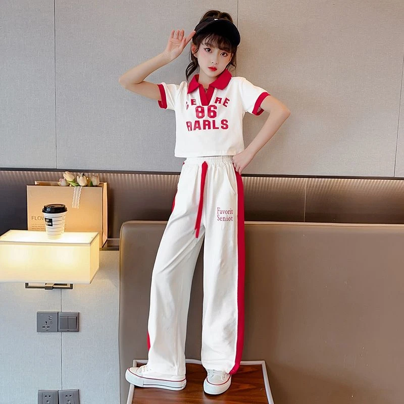 女童运动套装夏季2025新款中大童短袖Polo衫上衣休闲长裤两件套