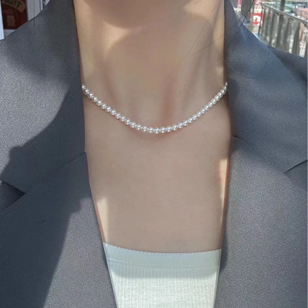 淡水珍珠3.5mm-4mm小米珠百搭气质强光经典精致素链白色时尚仙女