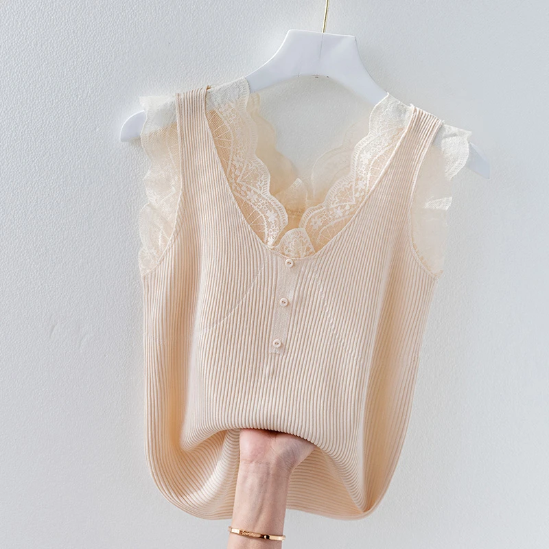 春秋蕾丝女士吊带背心外穿宽松外搭内搭无袖螺纹洋气针织打底上衣
