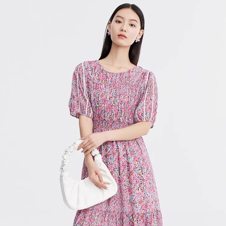 夏装甜美风长裙复古碎花雪纺连衣裙女短袖裙子-D22218X9753