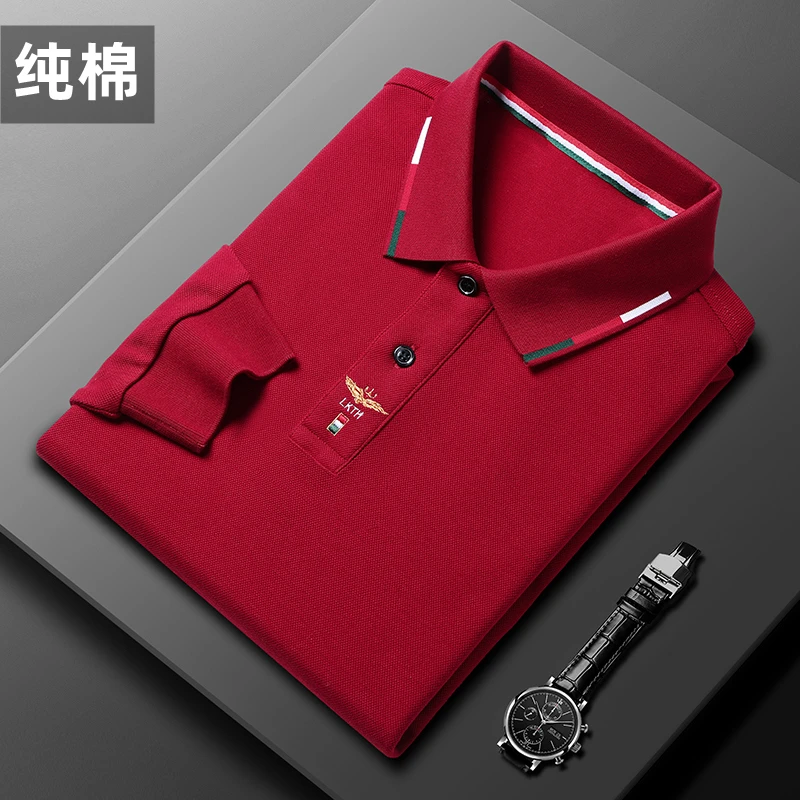 本命年男装纯棉POLO衫中国红色长袖t恤男士秋冬保暖翻领打底上衣T