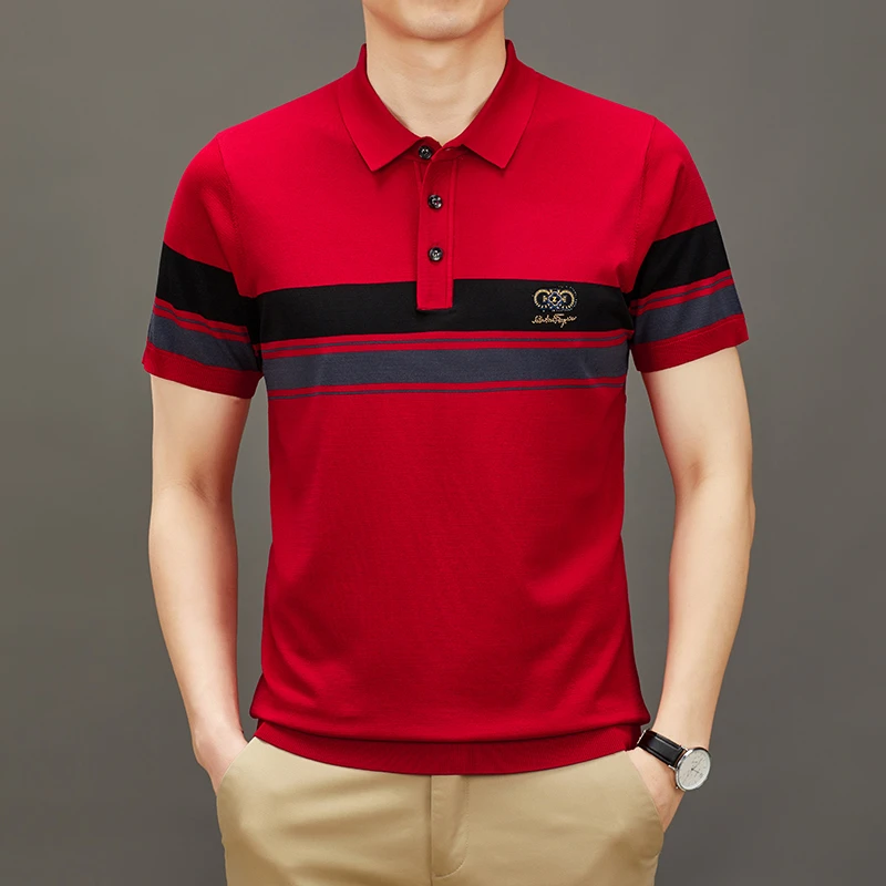 本命年男装短袖T恤衫翻领条纹针织薄款夏季新款大红色POLO衫上衣