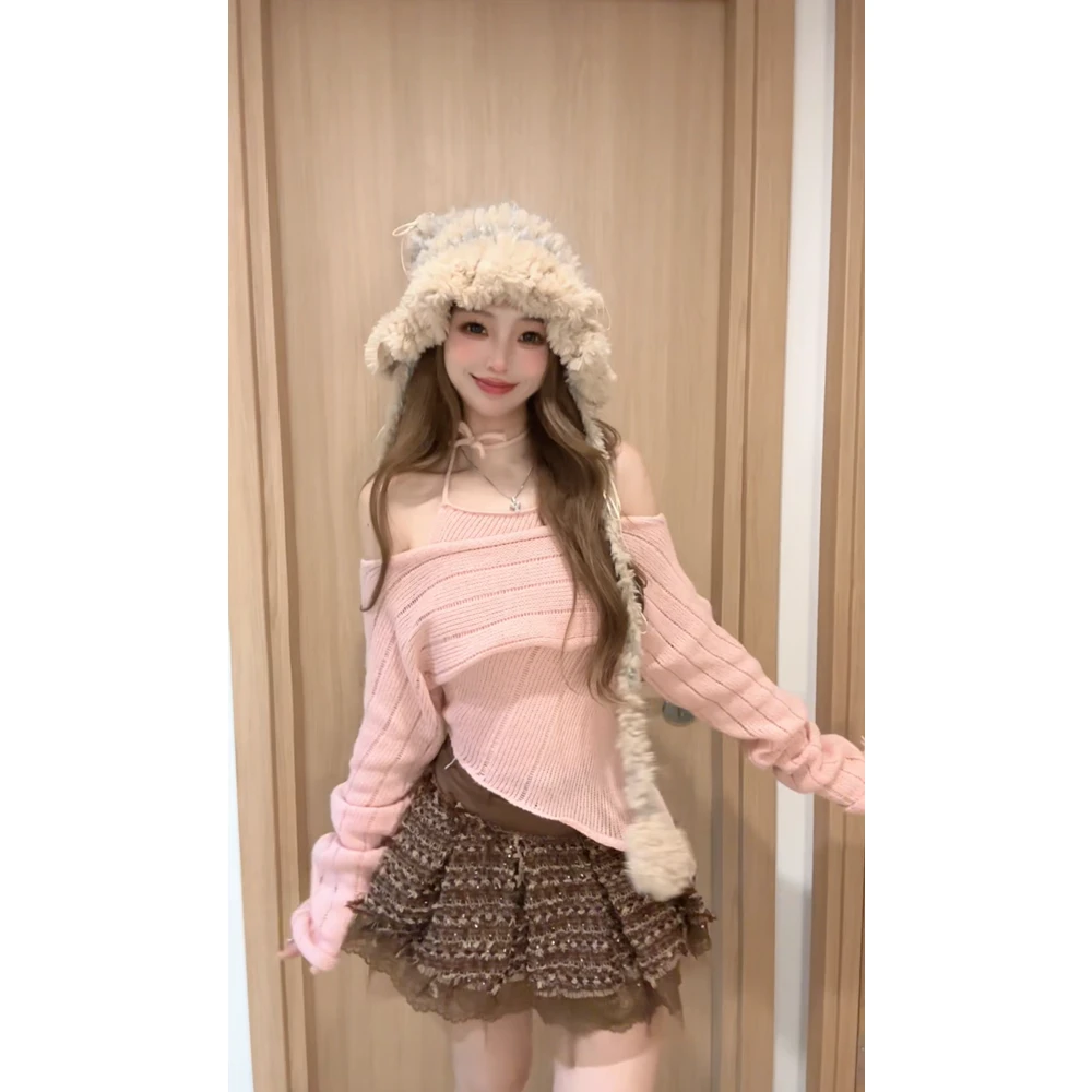 {初绘融雪}粉色针织毛衣女秋冬款  真两件百搭洋气甜美设计感