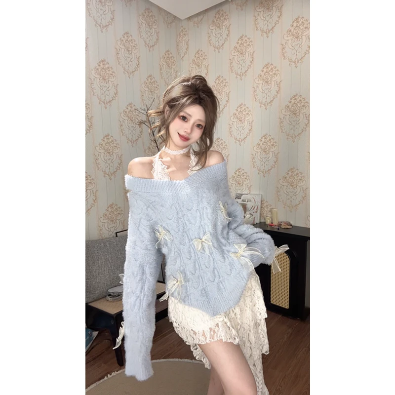 {盐湖の雪}蝴蝶结针织宽松慵懒毛衣女 烫钻设计师显瘦