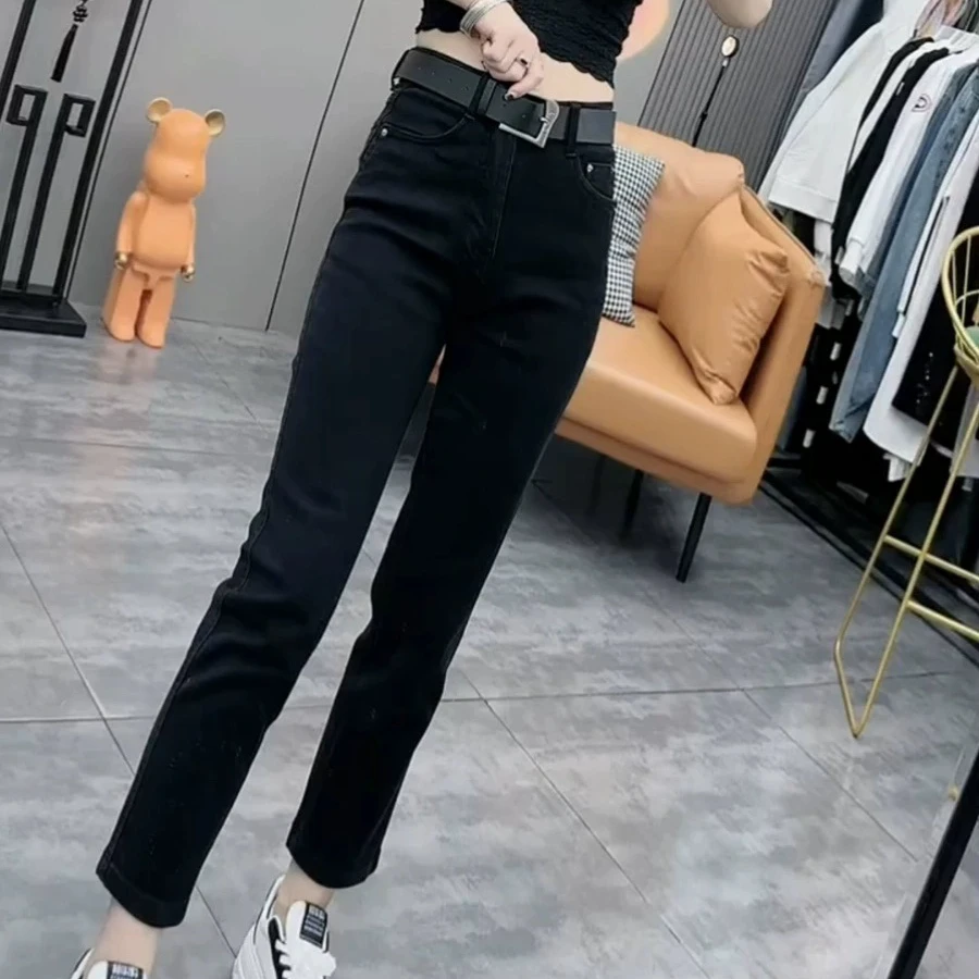 直筒牛仔裤女春秋胖mm梨形身材高腰弹力显瘦九分加绒黑色烟管裤子
