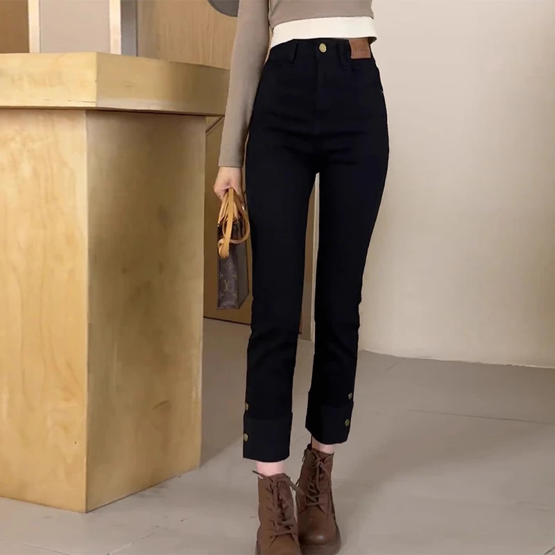 黑色高腰弹力直筒牛仔裤女秋冬梨形身材显瘦加绒小个子九分烟管裤