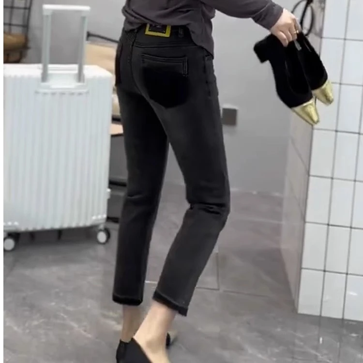 黑灰色高腰弹力小脚牛仔裤女2024春秋新款显瘦小个子九分铅笔裤子