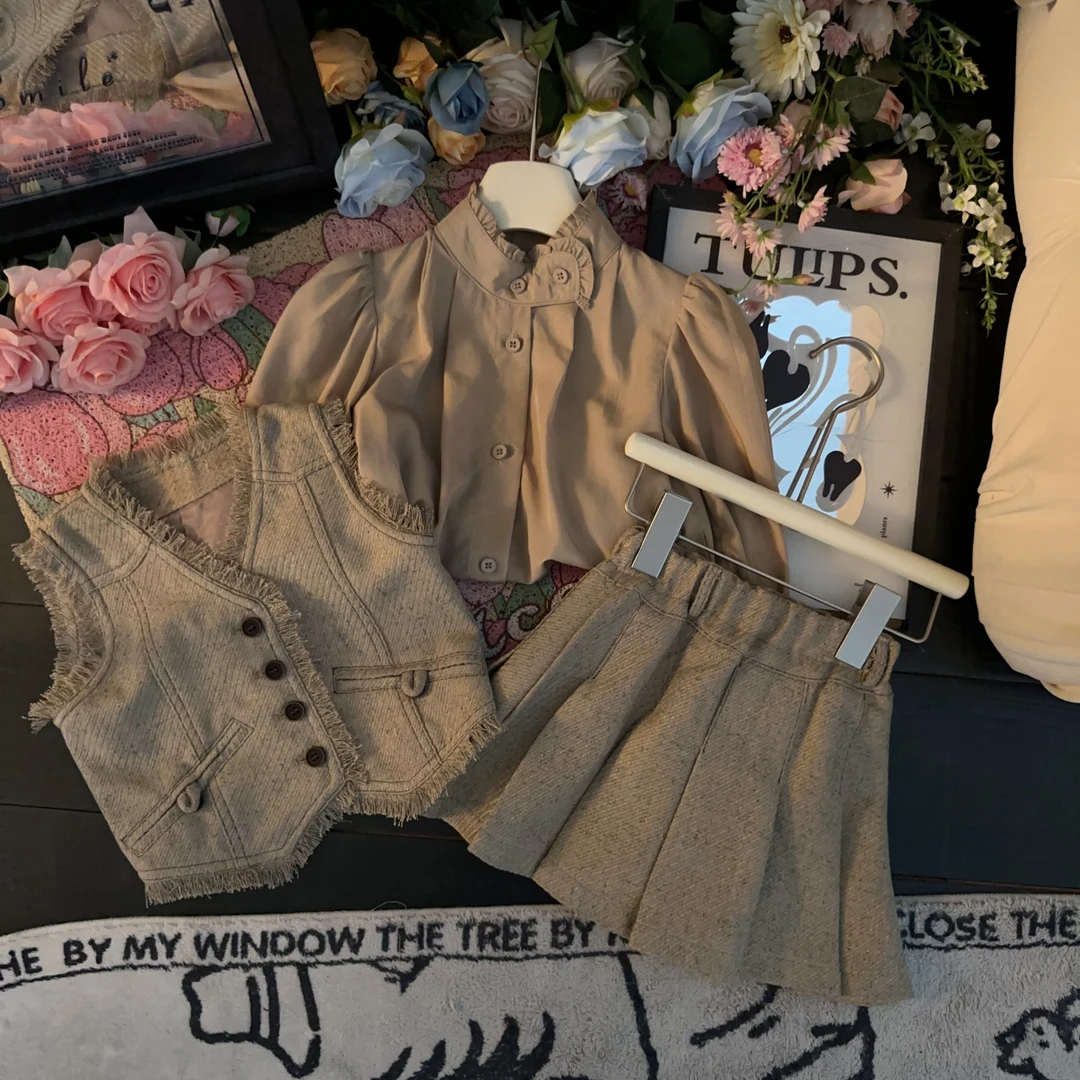 【现货】女童2024秋季新款小香风毛边马甲+衬衫+百褶裙四件套套装