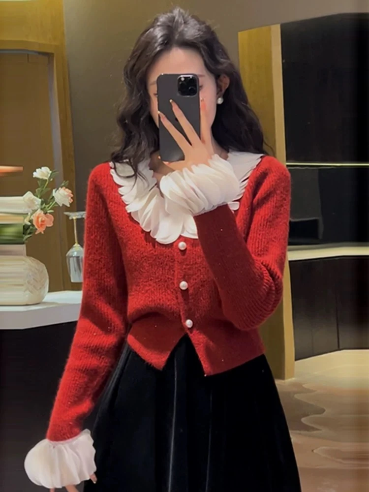 新年红色V领亮片毛衣圣诞节氛围感拉满