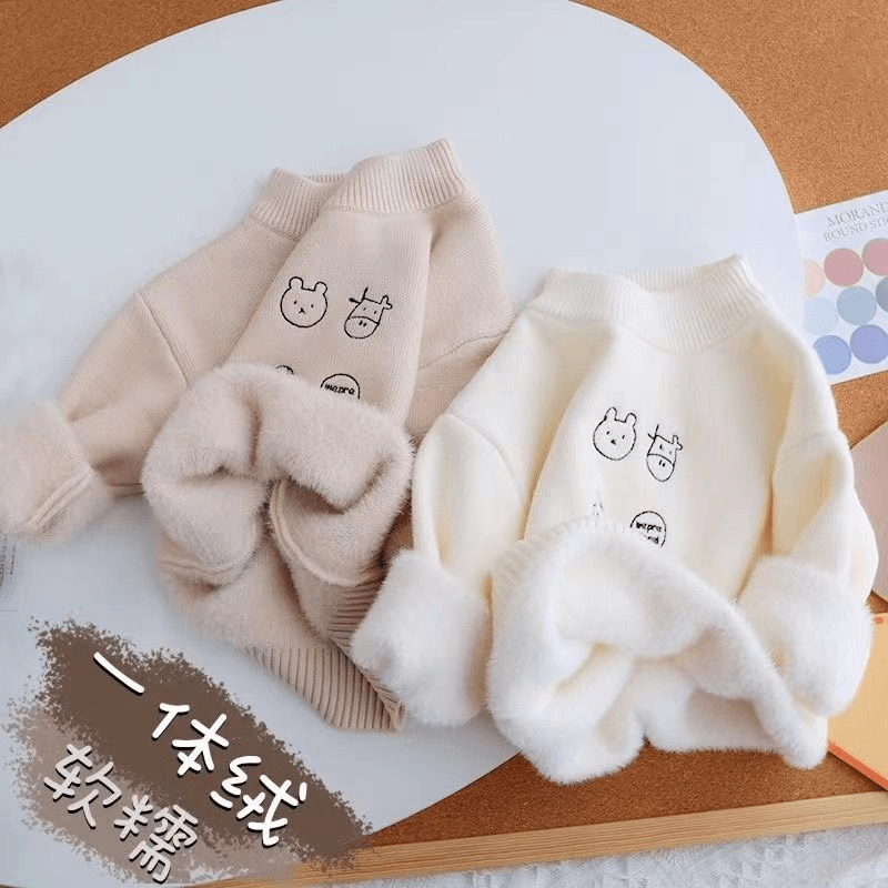 宝宝一体绒软糯毛衣冬季婴儿加绒加厚套头毛衫男女小儿童冬装上衣