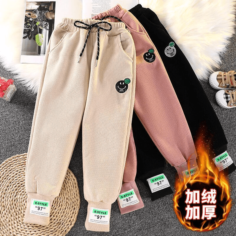 女童裤子秋冬装外穿加厚运动裤休闲加绒中大儿童一体绒卫裤条绒裤