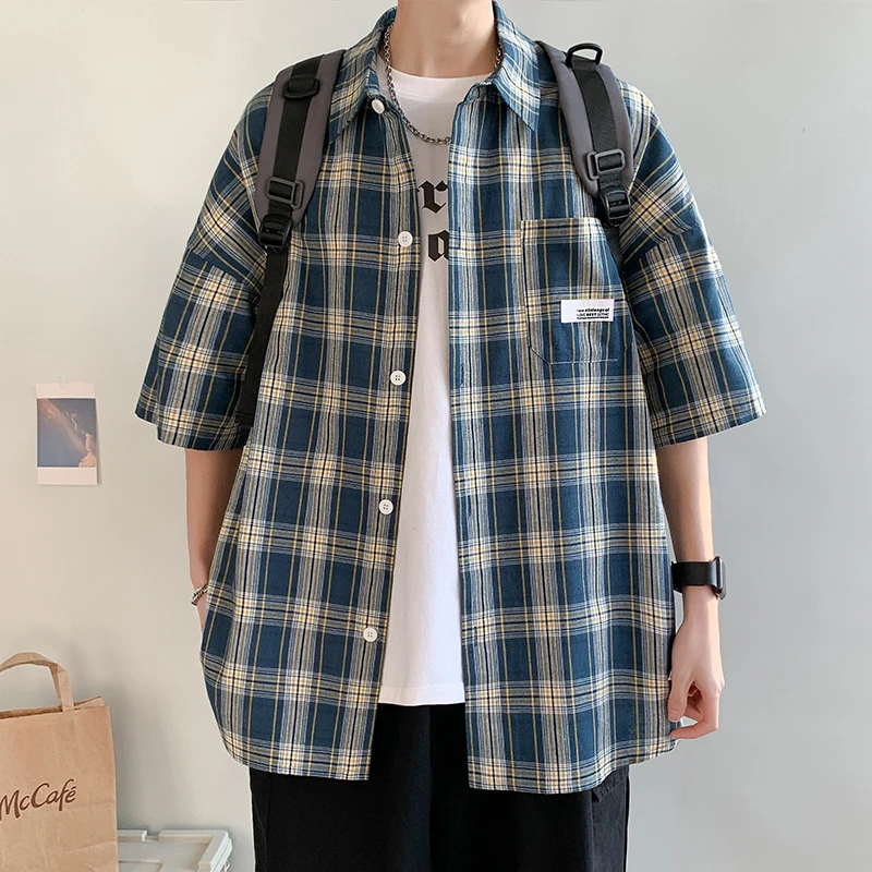 格子短袖衬衫夏季2023新款男士潮牌休闲寸衬衣高级感上衣男款外套