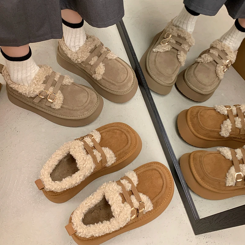 双带金属扣厚底防滑加绒保暖雪地靴女冬季新款外穿时尚百搭短筒靴